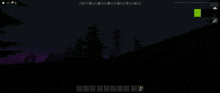 a screenshot of a video game with a purple sky and trees in the foreground