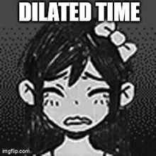 a black and white drawing of a girl with the words `` dilated time '' written on it .