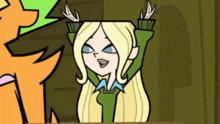 a cartoon drawing of a girl with her arms up