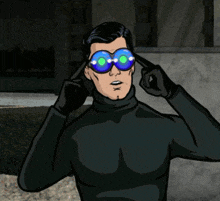 a cartoon character wearing a black turtleneck and blue sunglasses .