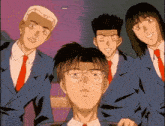 a group of anime characters are posing for a picture and one of them is wearing glasses