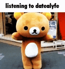 a teddy bear with the words listening to datealyfe written on it