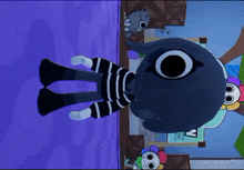 a cartoon character is standing in front of a purple wall with the letter w visible