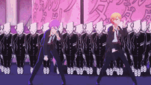 a couple of anime characters are dancing in front of a large group of people