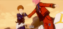 a man in a red jacket is shaking hands with another man in a blue uniform .