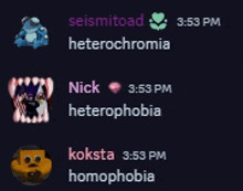 a screenshot of a conversation between seismitoad heterochromia nick heterophobia koksta and homophobia