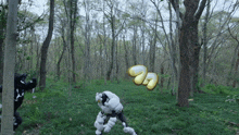 a cartoon character in a forest with a balloon that says ' a ' on it