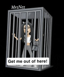 a cartoon of a woman in a jail cell with the words get me out of here