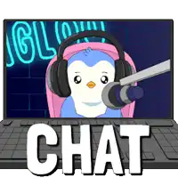 a penguin wearing headphones is sitting in front of a microphone on a laptop with the word chat written below it