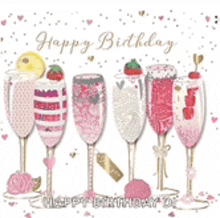 a birthday card with a row of champagne glasses filled with different types of desserts .