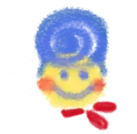 a drawing of a smiley face with a blue hat and red feet