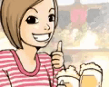 a cartoon of a woman giving a thumbs up while holding a beer .