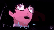 a close up of a person 's face with the word nut on it
