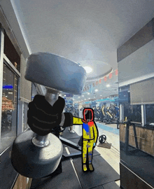 a drawing of a man holding a dumbbell in a gym