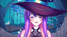 a girl with purple hair and a witch hat