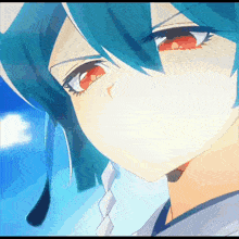 a close up of a anime character with blue hair and red eyes