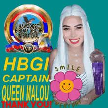 a woman holding a microphone with the words hbgi captain queen malou