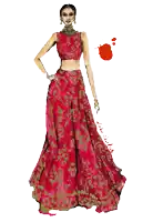 a drawing of a woman wearing a red dress with gold embroidery and a name that starts with the letter a