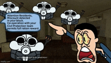 a cartoon says attention residents miscount detected in your block co- operation with your civil protection team permits full ration reward