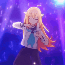 a girl with long blonde hair is dancing in a purple background