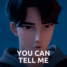 a man with a surprised look on his face and the words you can tell me behind him
