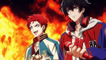 two anime characters standing next to each other with one wearing headphones and the other holding a microphone with the letter a on it