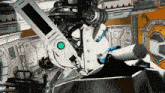 a drawing of a robot with a green button that says " open "