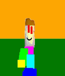 a pixel art of a slice of bread with red eyes and a smiling face