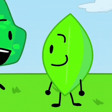 a green leaf with arms and legs is jumping in the air with its mouth open .