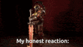 a video game character is holding a gun and says `` my honest reaction : ''