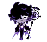 a cartoon character with purple hair and a purple outfit is holding a purple wand .