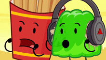 a cartoon character wearing headphones stands next to a french fries bucket
