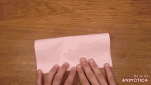 a person is folding a piece of pink paper with the words made in animotica visible