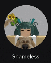 a girl with green hair is sitting next to a dog holding a flower .