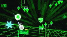 a video game is being played in a dark room with a lot of green lights .