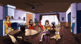 a group of people are sitting around tables in a room with a ceiling fan