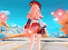 a girl in a red dress is standing in front of a landscape