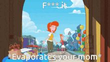 a cartoon scene with a caption that says " f *** it "