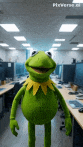 kermit the frog standing in an office with pixverse.ai on the bottom