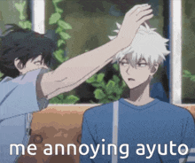 a cartoon of a man slapping another man 's head with the words me annoying ayuto