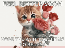 a cat is holding a bouquet of pink roses with the words feel better soon hope the pain is getting to be less