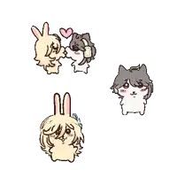 a drawing of a cat and two rabbits with hearts on their faces