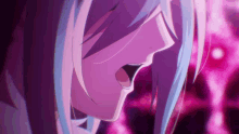 a close up of a person 's face with a purple background