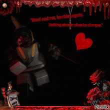a black background with a red heart and the words steel and rot he rides again