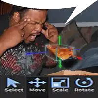 a man sitting on a couch looking at a 3d model of a cube