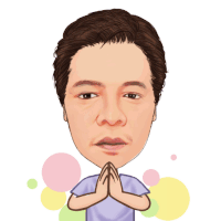 a cartoon of a man in a purple shirt with his hands folded