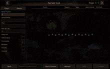 a computer screen shows a server list with players map and game mode