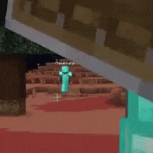 a minecraft character with a diamond sword is standing next to a wooden wall .