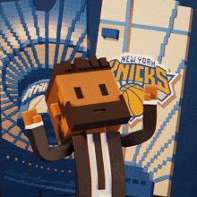 a new york knicks poster with a cartoon character in front of it