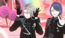 a couple of anime characters standing next to each other with their hands in the air